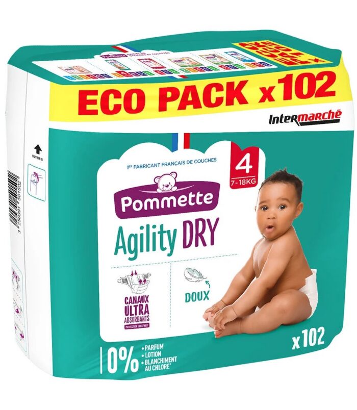 Couches Bébé Pommette Agility DRY - Taille 4 (7-18 kg) - Eco Pack x102